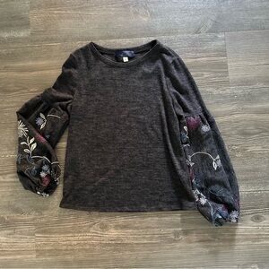 Blue Rain Charcoal Blouse with Embroidered Sleeves